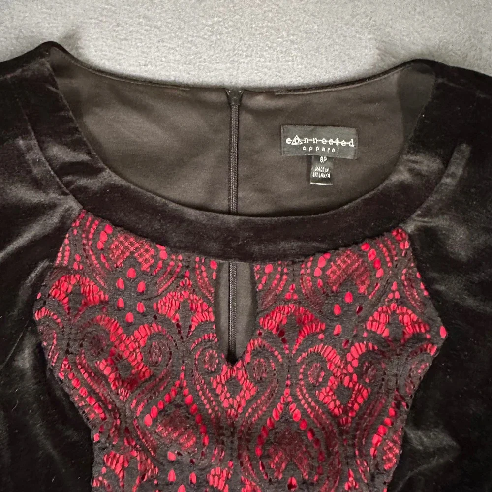 Connected Apparel Dress Womens 8P Black Velvet Red Lace Sheath Party Career - Picture 5 of 16